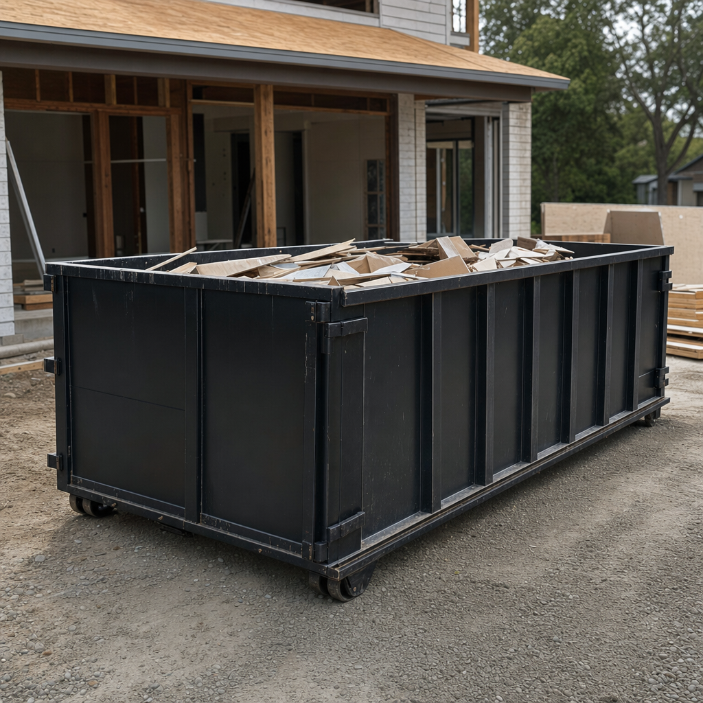 Large matte-black 30-yard construction roll-off dumpster at an active Bentonville jobsite, steel-gray top rails and bottom rollers visible, loaded with construction debris.
