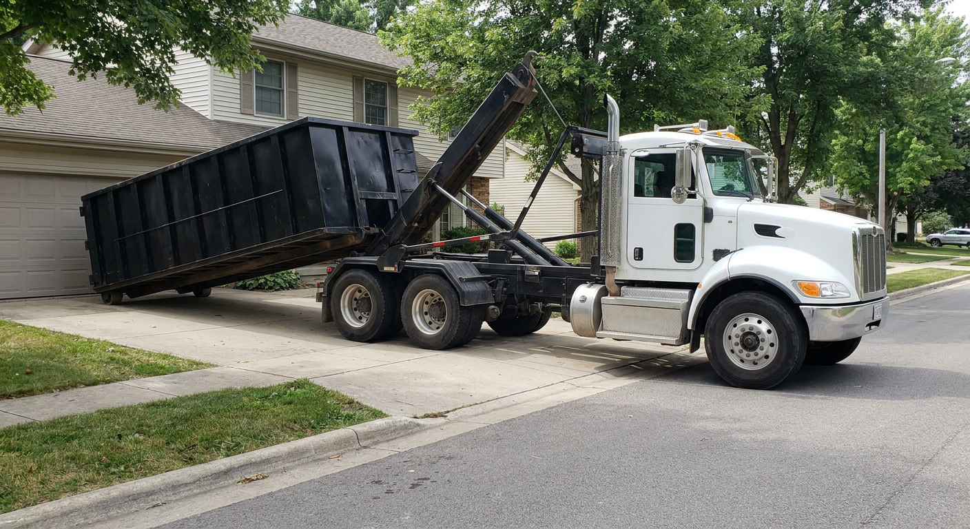 White-cab hooklift roll-off truck actively lowering a matte-black dumpster onto a Bentonville residential concrete driveway, the dumpster's rear wheels touching the driveway as the hoist arm tilts the bed forward, mid-morning daylight.