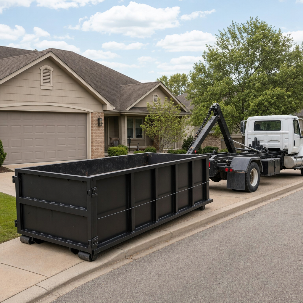 Wide documentary shot of a matte-black roll-off dumpster on a Bentonville residential driveway in the foreground and a contractor jobsite container in the soft-focus background, bright daylight, calm and orderly composition.